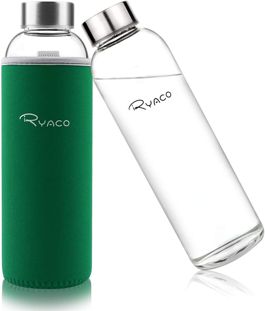 RYACO Borosilicate Glass Water Bottle 550ml/1000ml – BPA-Free, Leak-Proof with Sleeve & Brush – Multiple Colors