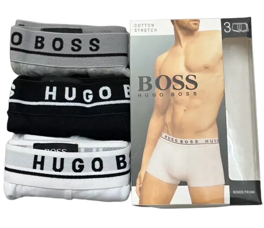 3 Pack Boss Mens Trunk boxer shorts 90% cotton stretch Black/White/Grey