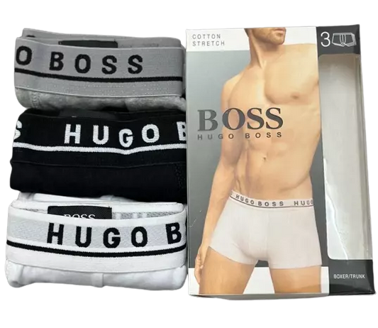 3 Pack Boss Mens Trunk boxer shorts 90% cotton stretch Black/White/Grey