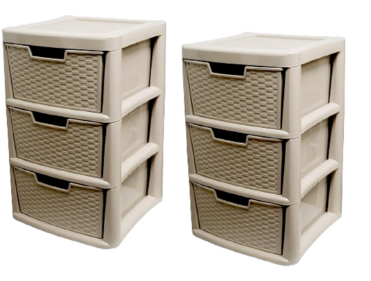 2 Pack Storage Drawer Unit Rattan 3 Tier Large Mushroom 39 D x 39 W x 62 H cm