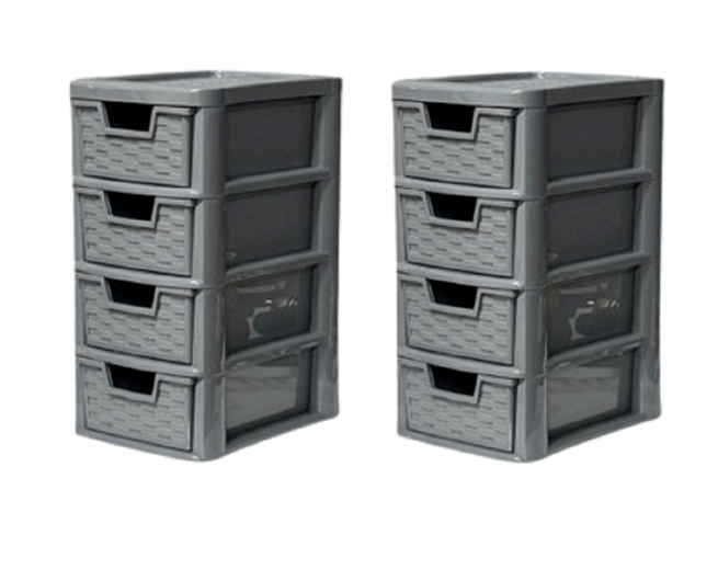 STORAGE DRAWER UNIT 2x | 4 TIER RATTAN MINI | PLASTIC TABLETOP DESKTOP GREY