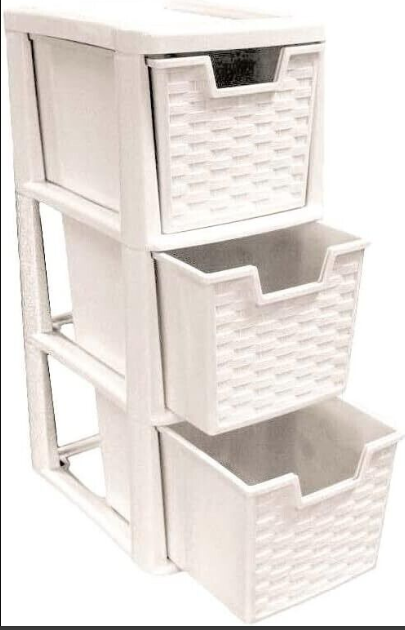 3 Tier Rattan Style Medium Drawer Chest Tower Storage School Office Unit Cream