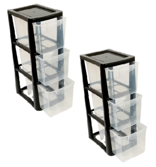 2 Set 3 Drawer Medium Plastic Tower Storage Homes Kitchen Schools Offices -Black