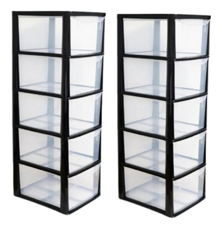 2 Pack Storage Drawers A4 Plastic 5 Tier Medium Black 35D x 29W x 77Hcm