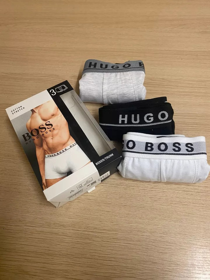 3 Pack Boss Mens Trunk boxer shorts 90% cotton stretch Black/White/Grey