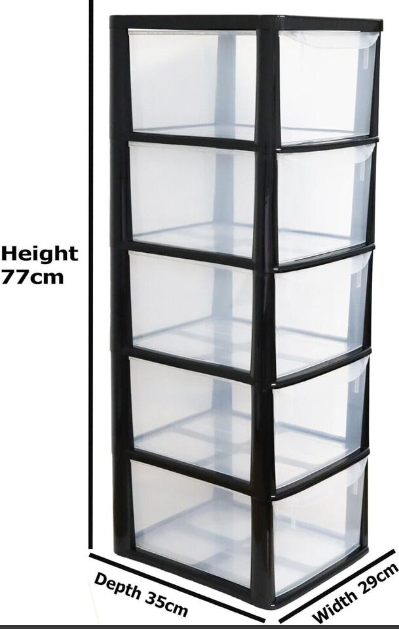 2 Pack Storage Drawers A4 Plastic 5 Tier Medium Black 35D x 29W x 77Hcm