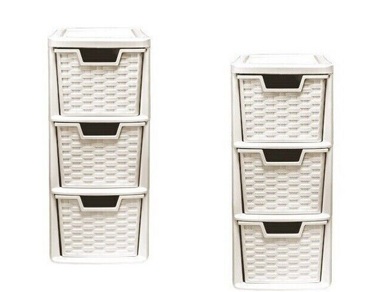 Set Of 2 3 Tier Rattan Style Medium Drawer Tower Storage School Office UnitCream