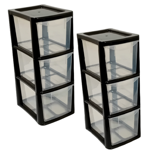 2 Set 3 Drawer Medium Plastic Tower Storage Homes Kitchen Schools Offices -Black