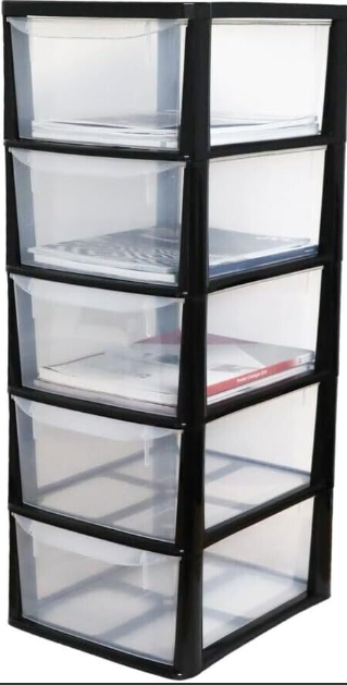 2 Pack Storage Drawers A4 Plastic 5 Tier Medium Black 35D x 29W x 77Hcm