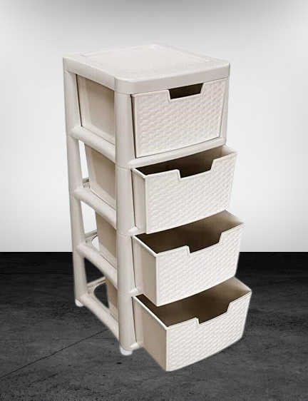 4 Tier Rattan Drawer Style Plastic Small Tower Storage Stashing Chest Unit Cream