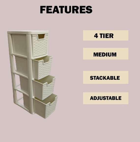 4 Tier Rattan Style Tower Storage Medium Plastic Unit Home School Office Cream