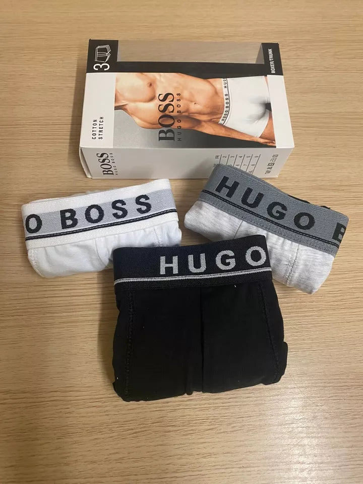 3 Pack Boss Mens Trunk boxer shorts 90% cotton stretch Black/White/Grey