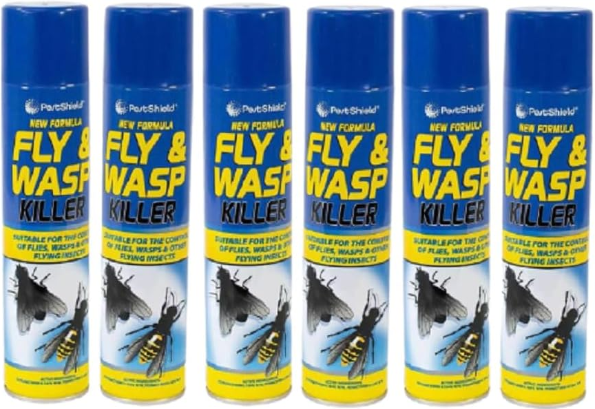 6 Pack Pestshield Fly & Wasp Mosquitos Killer Spray Cans Indoor Outdoor Spaces Such As Patios, Gardens And Picnic Areas Pest Control Products Kitchen, Living room, Bedroom Or Office 300ml Cans.