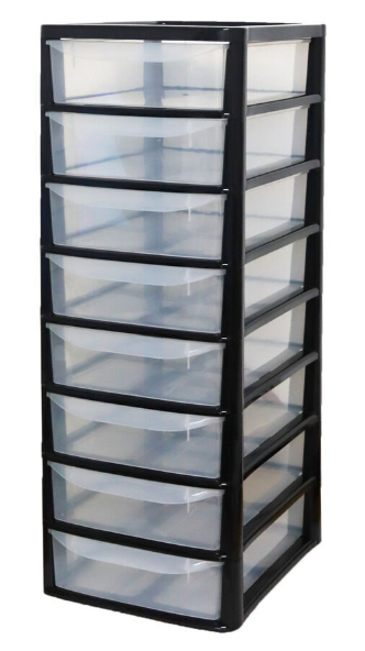 A4 8 TIER DRAWER SMALL BLACK/CLEAR PLASTIC  HOME OFFICE GARAGE KITCHEN