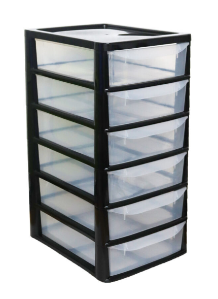 A4 6 TIER DRAWER SMALL BLACK/CLEAR PLASTIC  HOME OFFICE GARAGE KITCHEN