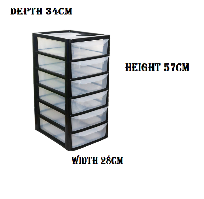 A4 6 TIER DRAWER SMALL BLACK/CLEAR PLASTIC  HOME OFFICE GARAGE KITCHEN