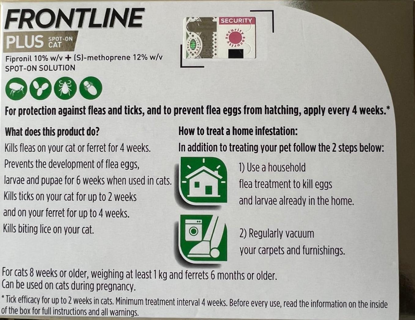 Frontline Plus Spot-On for Cats & Ferrets – Flea, Tick & Lice Treatment (6 Pipettes)