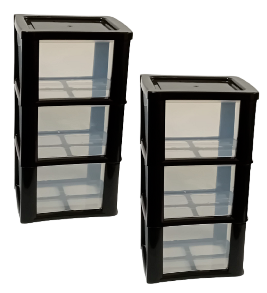 2 Set 3 Drawer Medium Plastic Tower Storage Homes Kitchen Schools Offices -Black