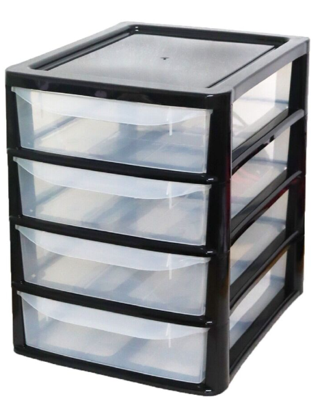 A4 4 TIER DRAWER SMALL BLACK/CLEAR PLASTIC  HOME OFFICE GARAGE KITCHEN