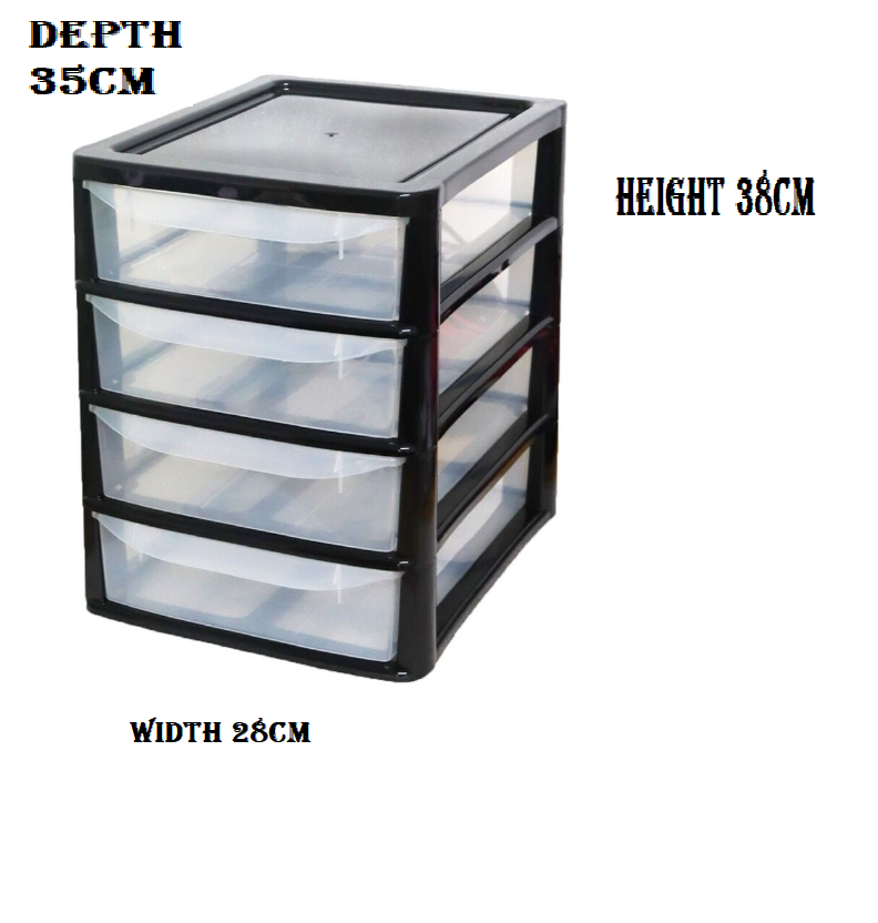 A4 4 TIER DRAWER SMALL BLACK/CLEAR PLASTIC  HOME OFFICE GARAGE KITCHEN